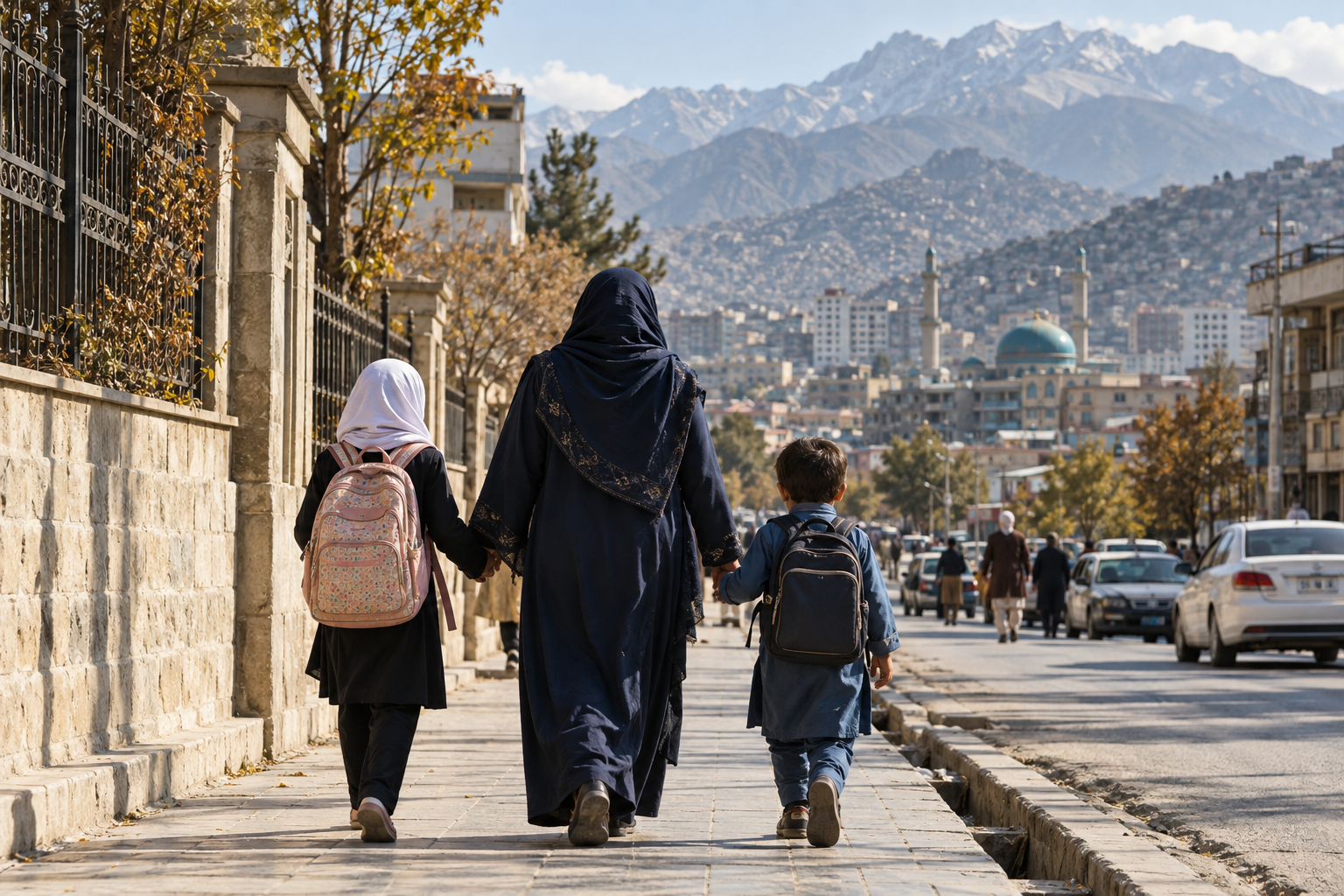 A woman and two children walking along a Kabul street